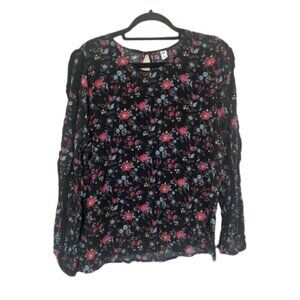 BP NWT black fall floral ruffle sleeve keyhole back blouse size L